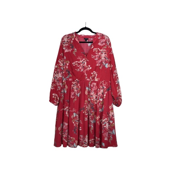 TORRID. Orang Pink Floral Print Tie Neck Long Sleeves Tiered Midi Dress 2 (2X) - Picture 1 of 8